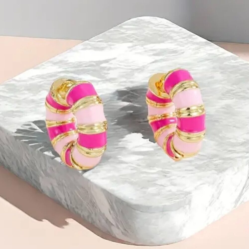 Pink Enamel Huggie Earrnings Medium Hoop #1344